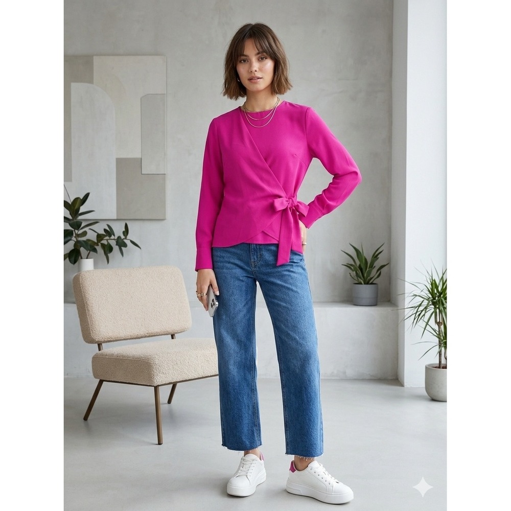 Zara Blouse Women XS Magenta Pink Side Tie Wrap Top Long Sleeve Office Party